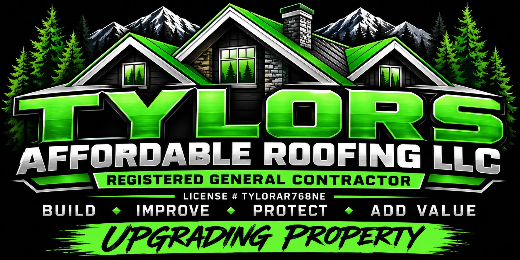 Tylors Affordable Roofing LLC green and silver roofline logo
